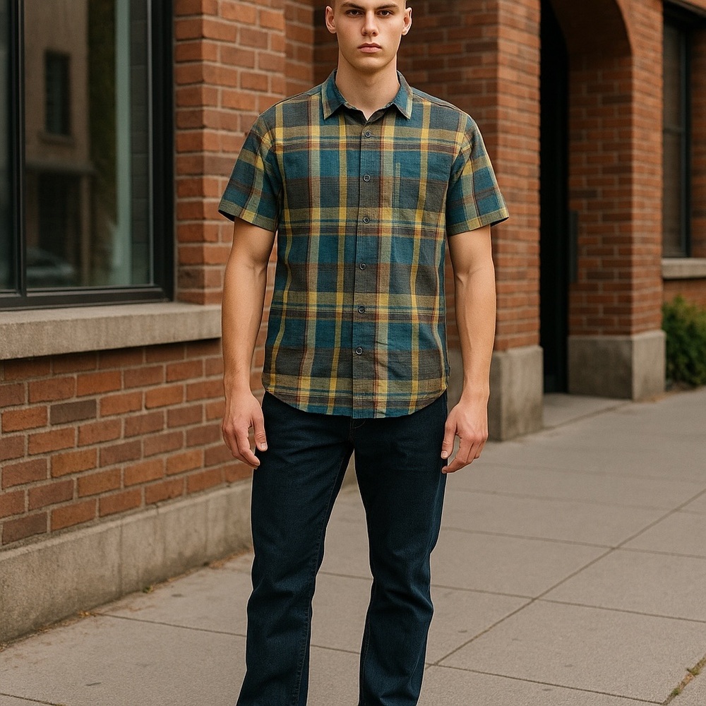 NWT Prana Men’s Multicolor Plaid Short Sleeve Button Down Shirt Classic‎